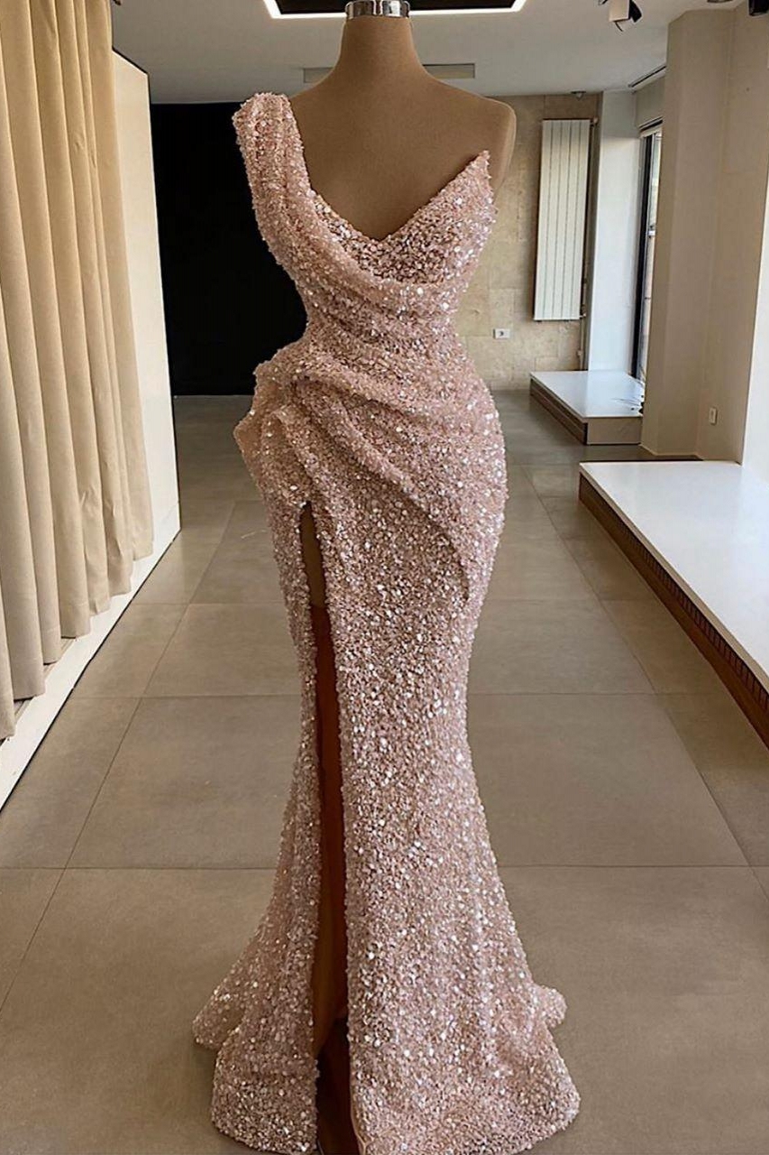 Sparkly Long Mermaid One Shoulder Sequin Formal Prom Dresses with Slit   YESBABYONLINE