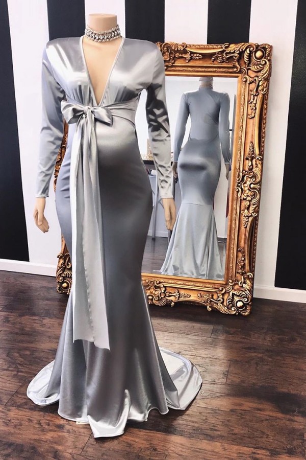 Long Mermaid V-neck Satin Floor Length Maternity Formal Dresses with Sleeves - YESBABYONLINE