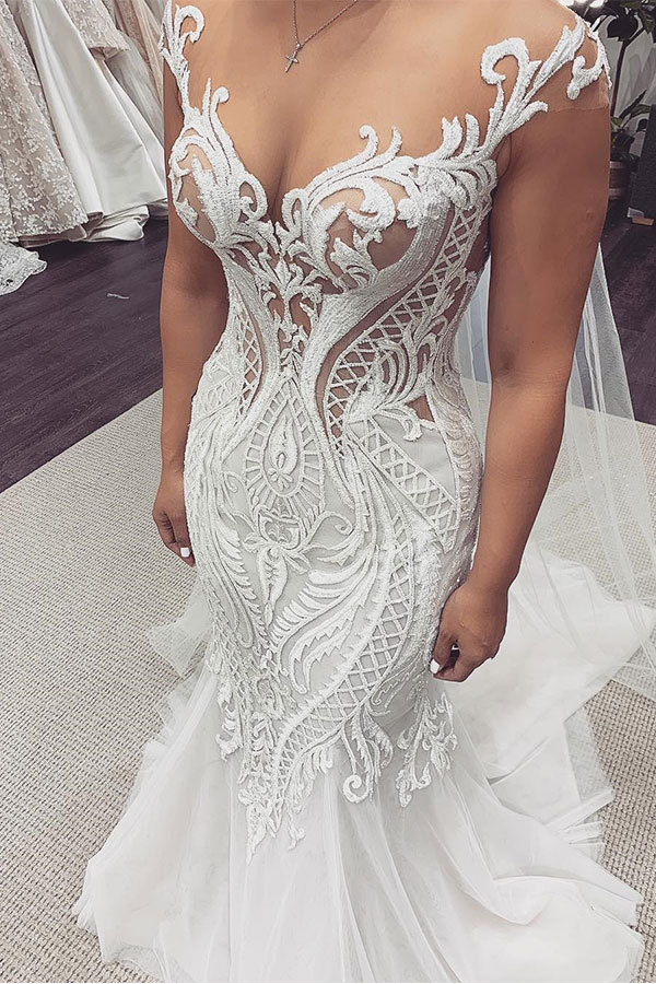 Long Sweetheart Tulle Applique Lace Mermaid Wedding Dresses - YESBABYONLINE