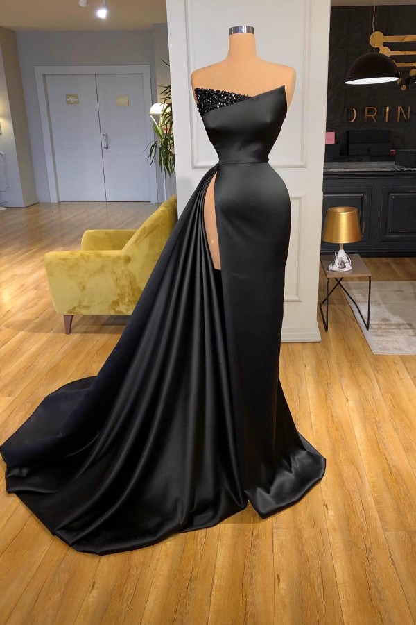 Black Long Mermaid Strapless Front Slit Satin Prom Dress with Ruffles - YESBABYONLINE