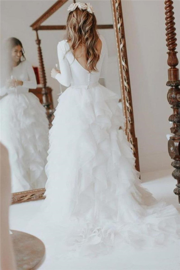 White Long A-line Tulle Sleeveless Open Back Wedding Dresses with Sleeves - YESBABYONLINE