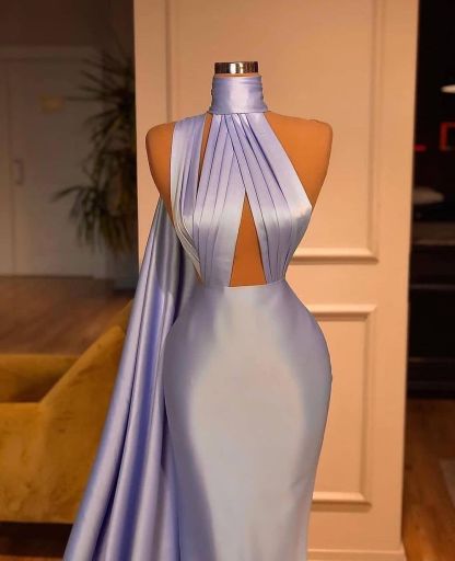 Elegant Long Mermaid High Neck Satin Floor Length Evening Prom Dresses - YESBABYONLINE