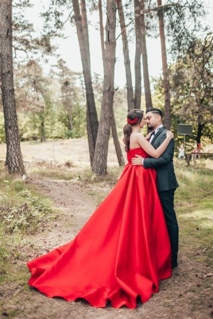Charming Red Long A-Line One Shoulder Satin Wedding Dress with Ruffles - YESBABYONLINE