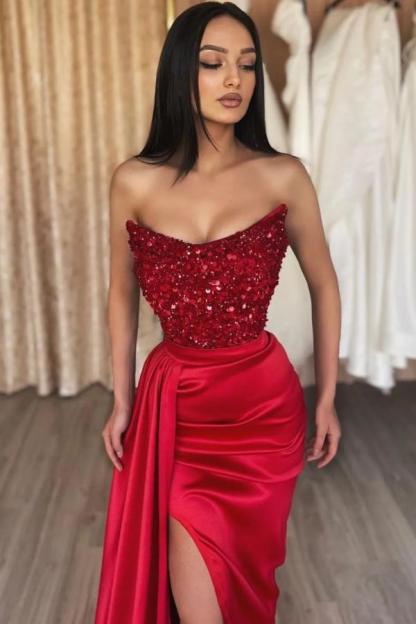 Sexy Red Long Sequined Strapless Satin Mermaid Prom Dresses with Split - YESBABYONLINE