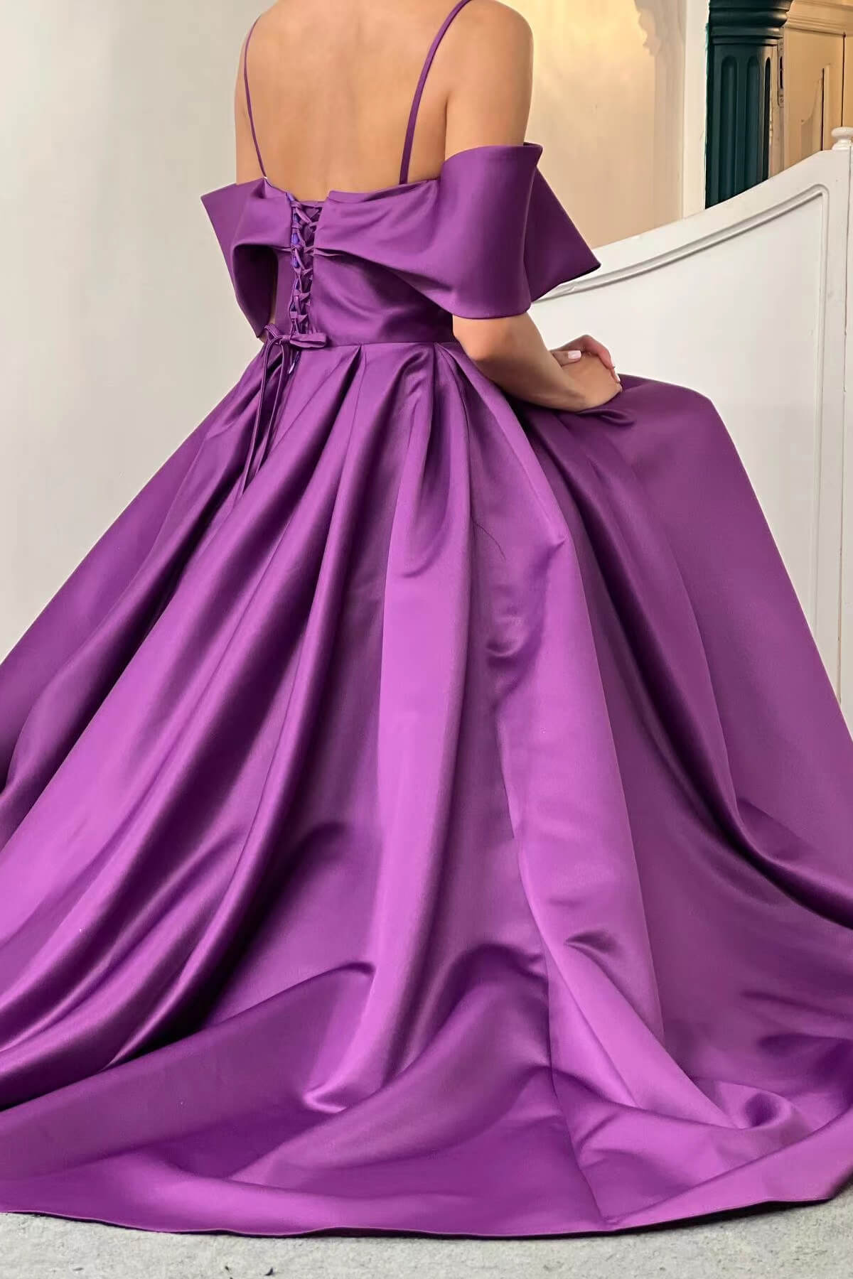 Long Off-The-Shoulder Floor-Length Spaghetti Straps A-Line Satin Prom Dresses with Pockets - YESBABYONLINE