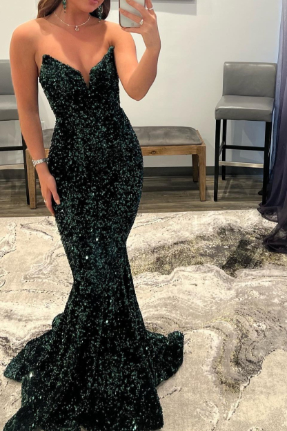 Sexy Long V-Neck Strapless Sweep Train Sequined Mermaid Prom Dresses - YESBABYONLINE