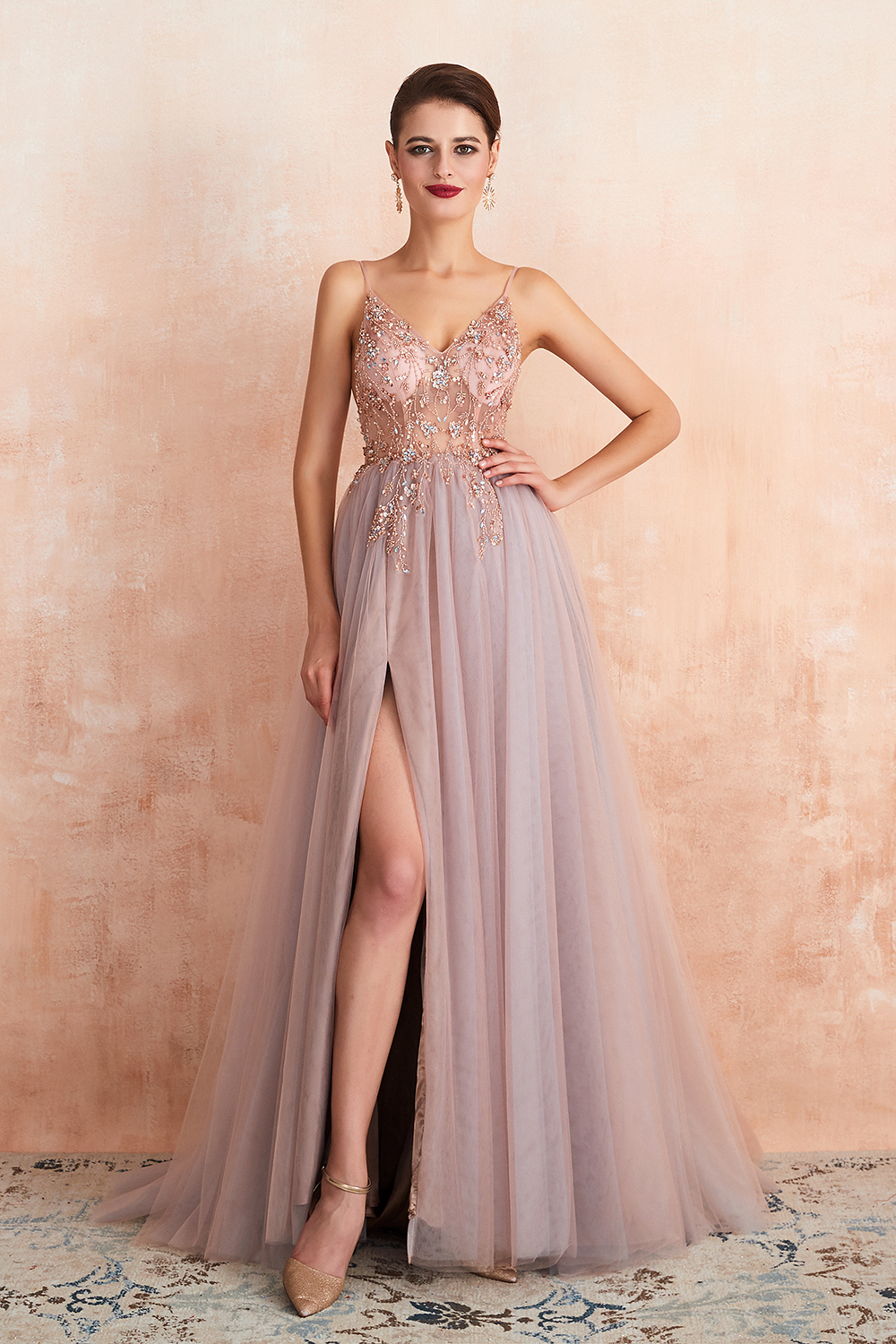 Long A-line Spaghetti Straps V-neck Tulle Backless Prom Dresses with Side Slit - YESBABYONLINE
