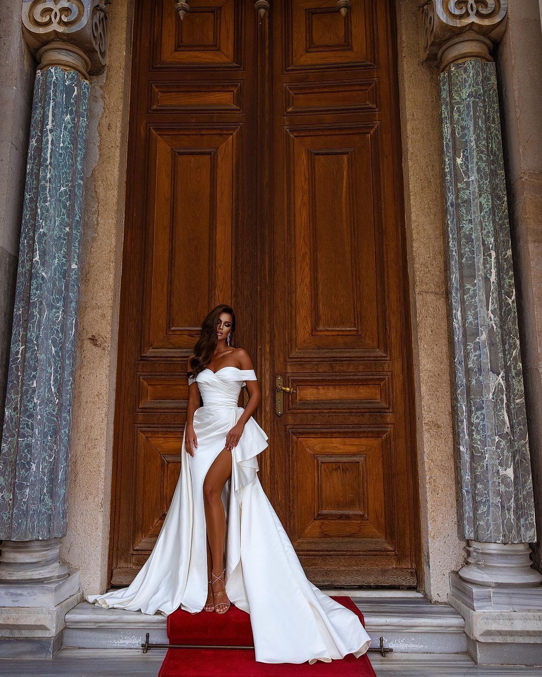 Gorgeous Long Sweetheart Off the Shoulder Ruffles Mermaid Wedding Dress with Slit - YESBABYONLINE
