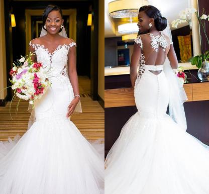 Long Mermaid Off The Shoulder Tulle Appliques Lace Backless Wedding Dresses - YESBABYONLINE