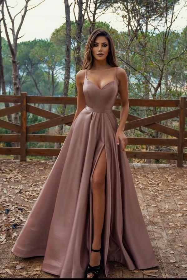 Elegant Long Sweetheart Spaghetti Straps A-Line Satin Prom Dress With Side Slit - YESBABYONLINE