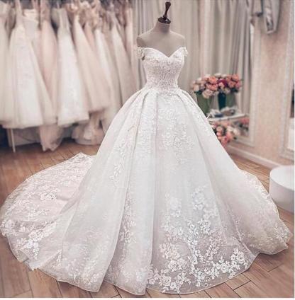 Long Off the Shoulder Tulle Lace Ball Gown Wedding Dresses - YESBABYONLINE