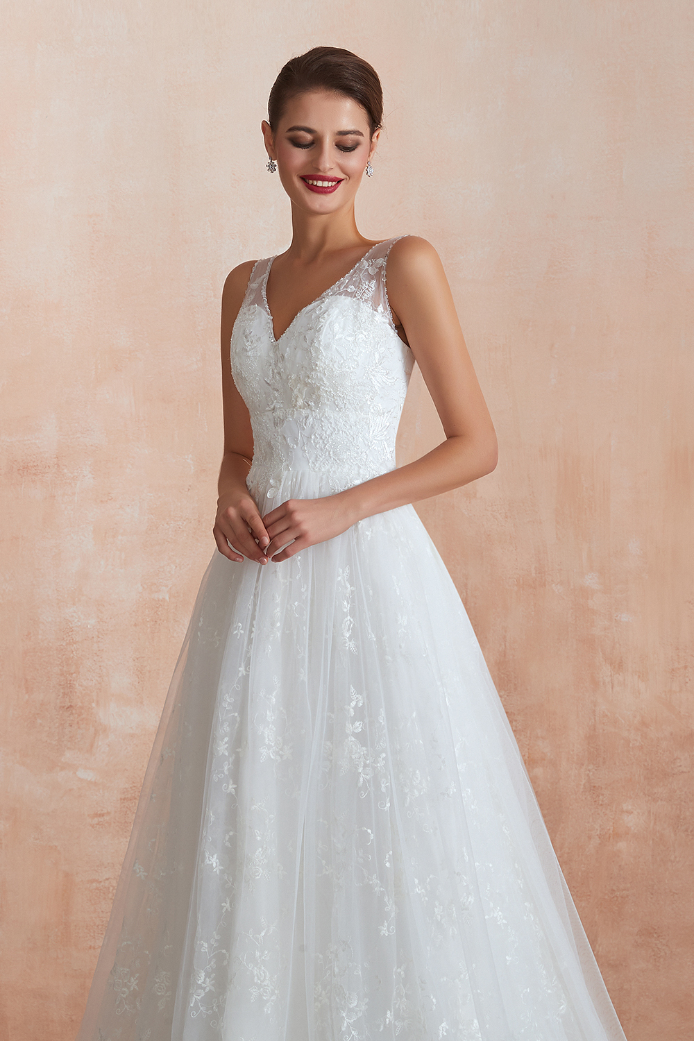 Long A-line V-neck Tulle Lace Floor Length Sleeveless Wedding Dresses - YESBABYONLINE