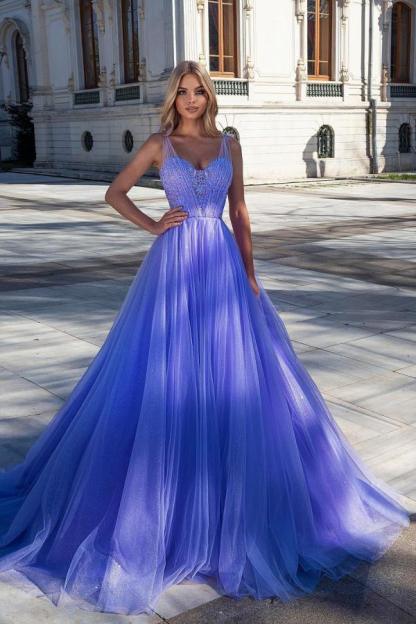 Princess Long V-neck Tulle Sleeveless Ruffles Prom Dresses - YESBABYONLINE
