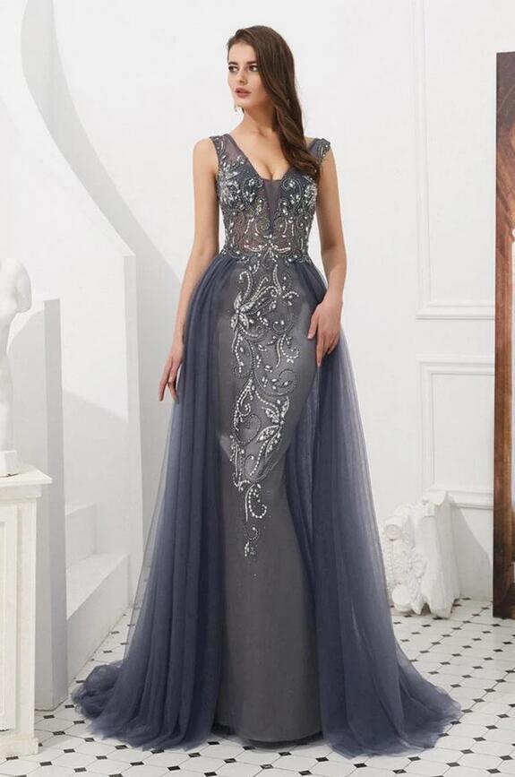 Stunning Long V-neck Appliques Lace Open Back Mermaid Prom Dress With Tulle Train - YESBABYONLINE