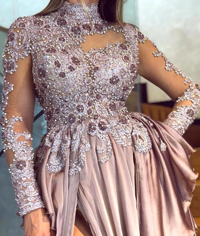Long A-line High Neck Satin Side Slit Prom Dresses with Sleeves - YESBABYONLINE