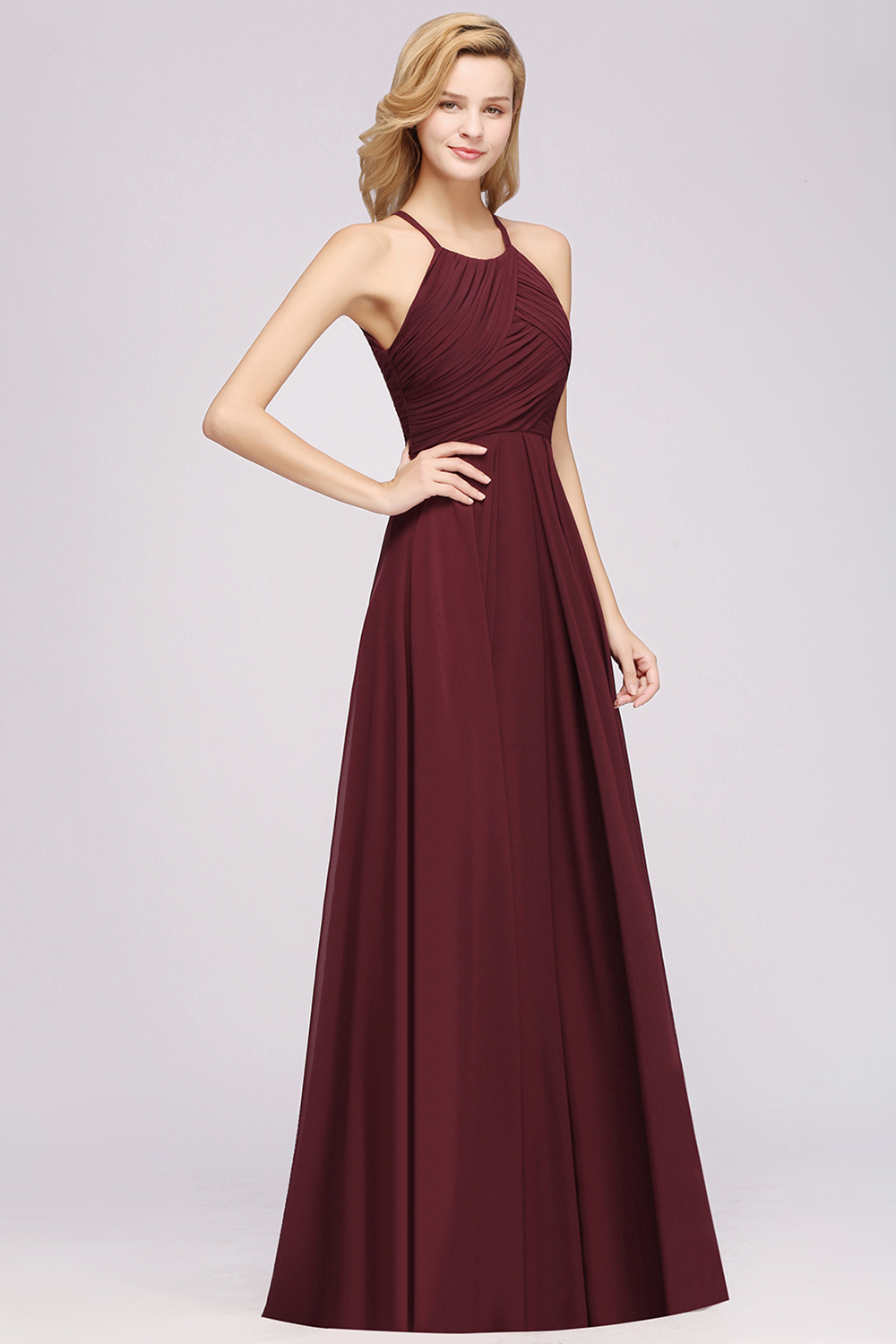 Long A-Line Halter Ruffles Floor-Length Chiffon Bridesmaid Dress - YESBABYONLINE