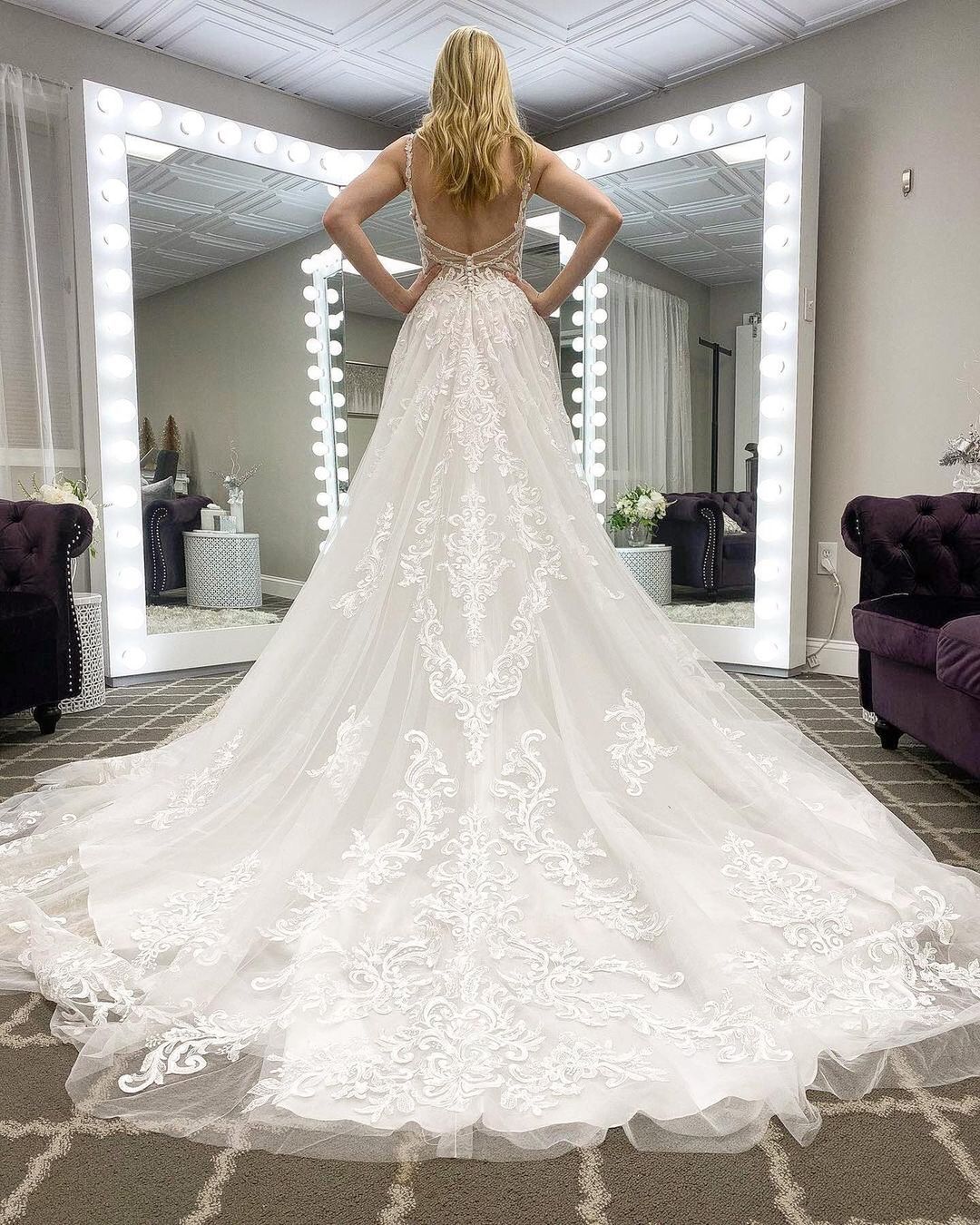 Long A-line V-Neck Straps Tulle Lace Open Back Wedding Dress - YESBABYONLINE