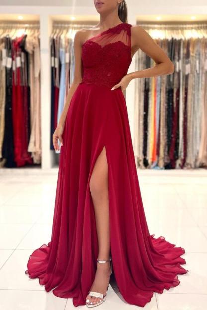 Elegant Long One Shoulder Appliques Lace Chiffon Ruffles Split A-Line Prom Dress - YESBABYONLINE