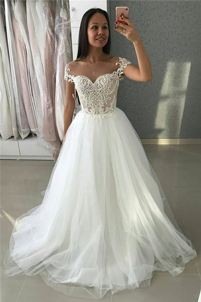 Simple Long A-Line Sweetheart Tulle Appliques Lace Wedding Dress - YESBABYONLINE