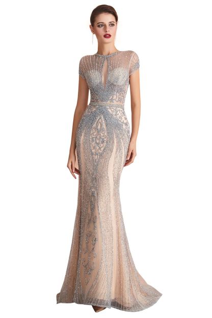 Elegant Long Mermaid Tulle Formal Prom Dresses with Cap Sleeves - YESBABYONLINE