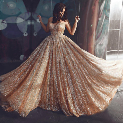 Champagne Elgant A-line Spaghetti Straps Backless Sequins Long Prom Dress - YESBABYONLINE