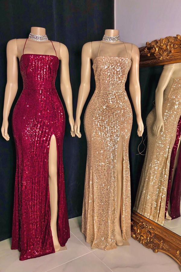 Stylish Long Mermaid Spaghetti Straps Sequins Backless Prom Dresses - YESBABYONLINE