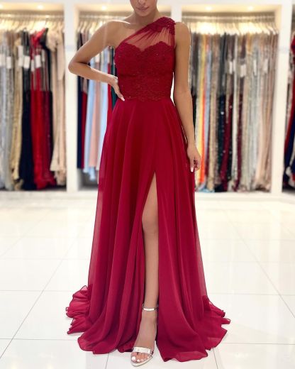 Elegant Long One Shoulder Appliques Lace Chiffon Ruffles Split A-Line Prom Dress - YESBABYONLINE