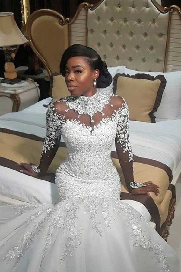 Long Mermaid High Neck Tulle Beaded Lace Appliques Wedding Dress with Sleeves - YESBABYONLINE