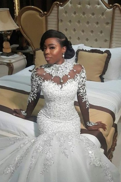 Long Mermaid High Neck Tulle Beaded Lace Appliques Wedding Dress with Sleeves - YESBABYONLINE