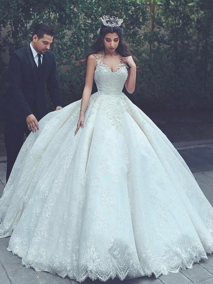 Gorgeous Long Ball Gown V-neck Straps Applique Lace Sleeveless Wedding Dresses - YESBABYONLINE