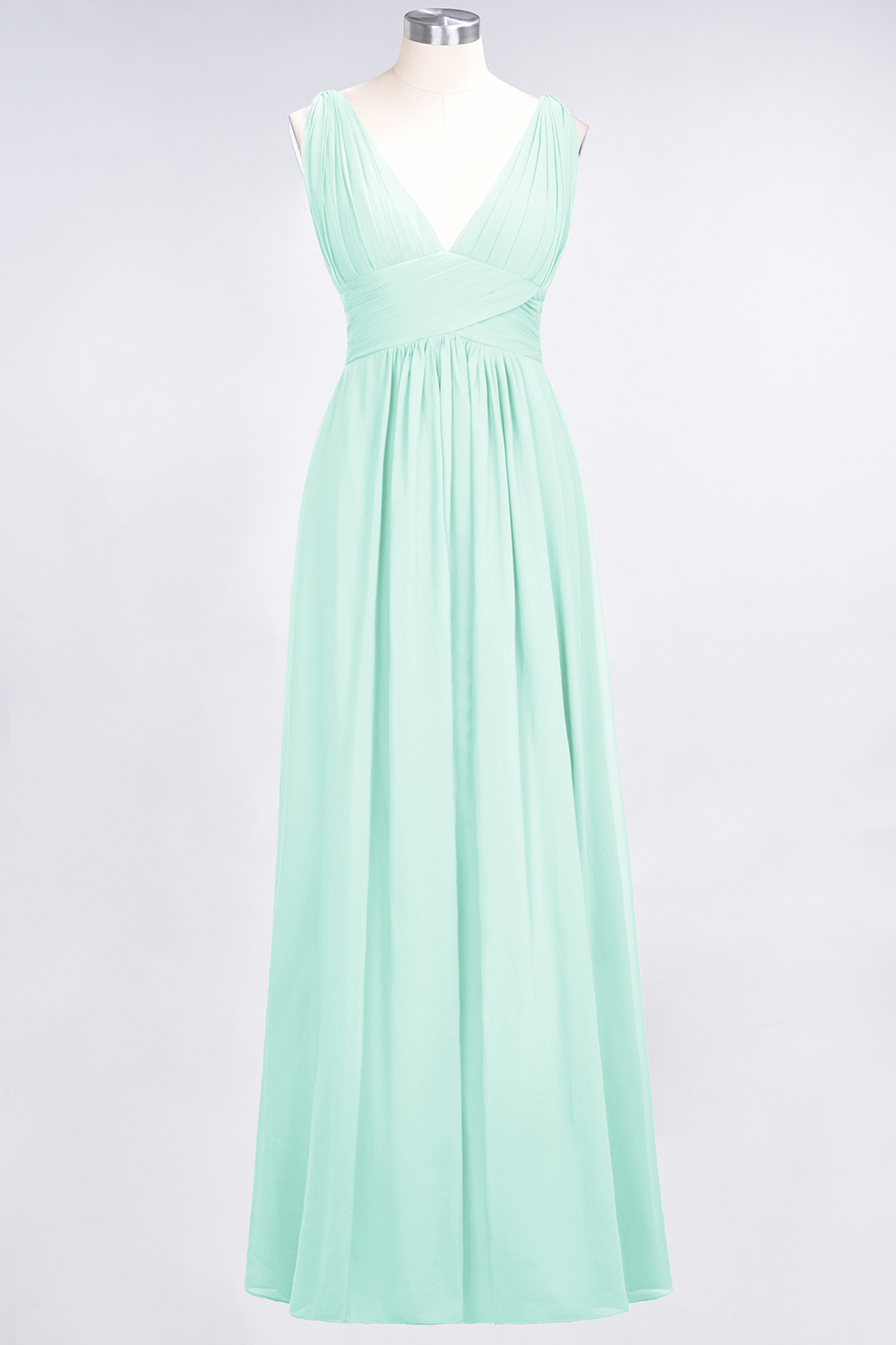 Long A Line V Neck Sleeveless Floor Length Bridesmaid Dress with Ruffle - YESBABYONLINE