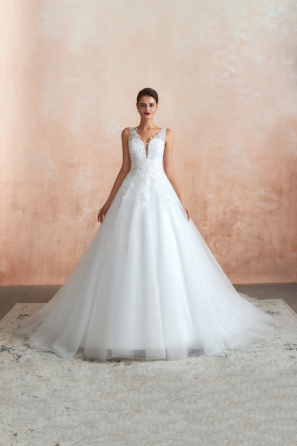 Long A-line V-neck Floor Length Lace Tulle Wedding Dresses - YESBABYONLINE