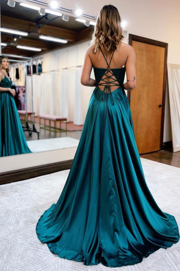 Long A-line Spaghetti Strap Floor-Length Satin Front Slit Prom Dresses with Pockets - YESBABYONLINE