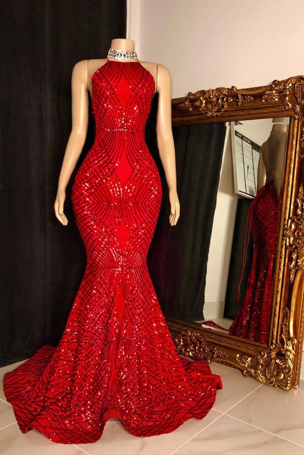 Long Halter Sleeveless Sequin Mermaid Red Formal Prom Dresses - YESBABYONLINE