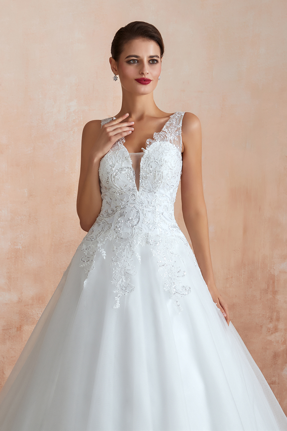 Long A-line V-neck Floor Length Lace Tulle Wedding Dresses - YESBABYONLINE