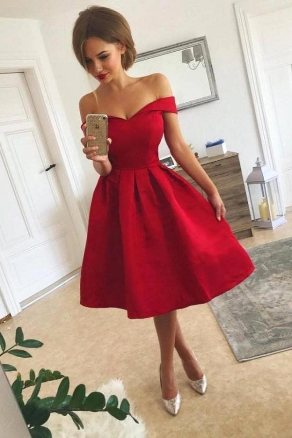 Elegant Short A-line Satin Off The Shoulder Red Prom Dress - YESBABYONLINE