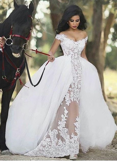 Glamorous White Long Mermaid Off the Shoulder Lace Tulle Wedding Dresses - YESBABYONLINE