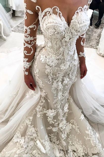 Long Mermaid Sweetheart Tulle Appliques Lace Wedding Dress with Sleeves - YESBABYONLINE