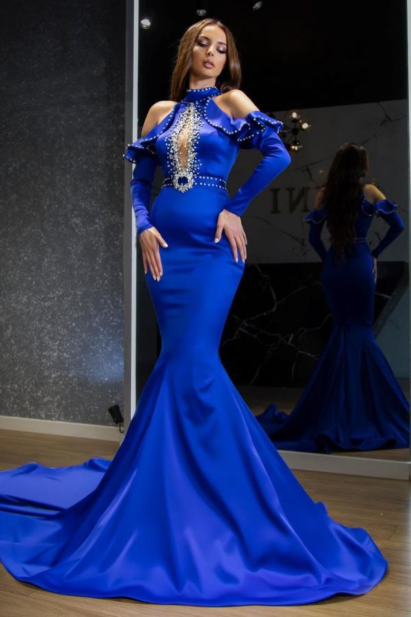 Royal Blue High Neck Long Satin Mermaid Prom Dress with Sleeves - YESBABYONLINE