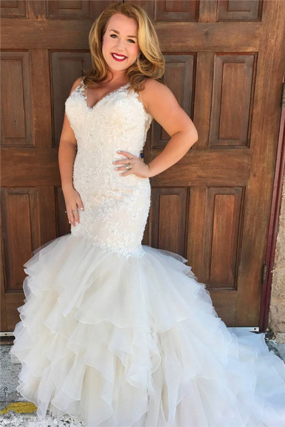 Long Mermaid Sweetheart Ruffles Applique Lace Tulle Wedding Dresses - YESBABYONLINE
