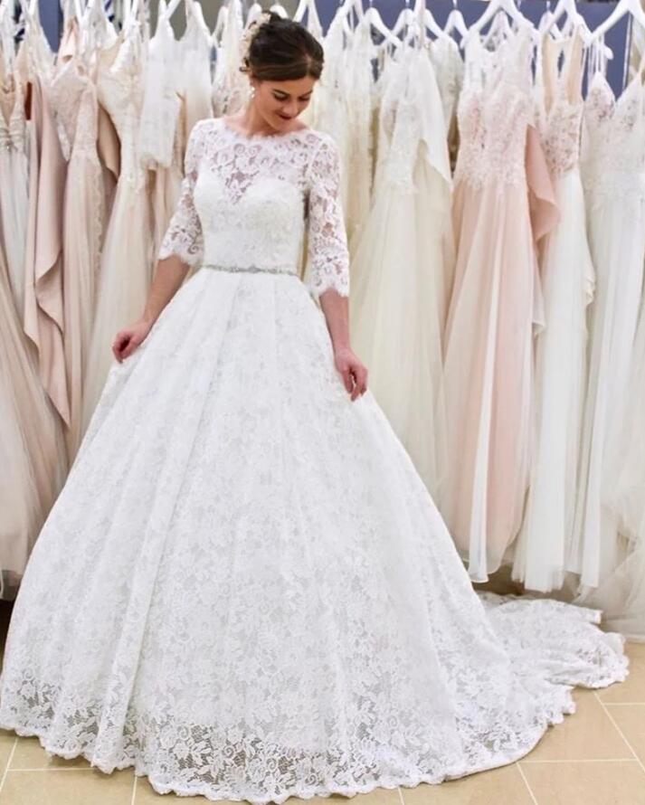 Chic Long A Line Appliques Lace Floor-length Open Back Wedding Dress with Sleeves - YESBABYONLINE