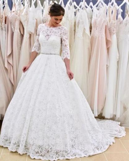 Chic Long A Line Appliques Lace Floor-length Open Back Wedding Dress with Sleeves - YESBABYONLINE