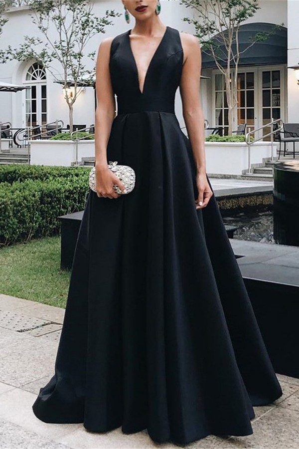Black Long A-line V-neck Satin Backless Formal Prom Dresses-YESBABYONLINE