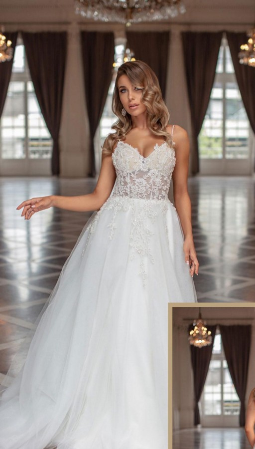 Elegant Long Spaghetti Straps Sweetheart Sleeveless A line Tulle Lace Wedding Dress - YESBABYONLINE