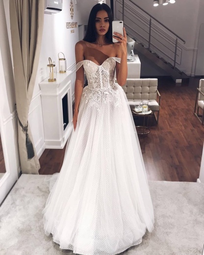 Sexy Long Off The Shoulder Applique Lace Tulle Floor Length A Line Wedding Dresses - YESBABYONLINE