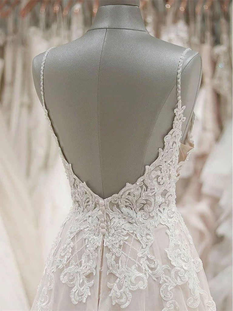 Long A Line V Neck Spaghetti Strap Lace Tulle Open Back Wedding Dresses - YESBABYONLINE