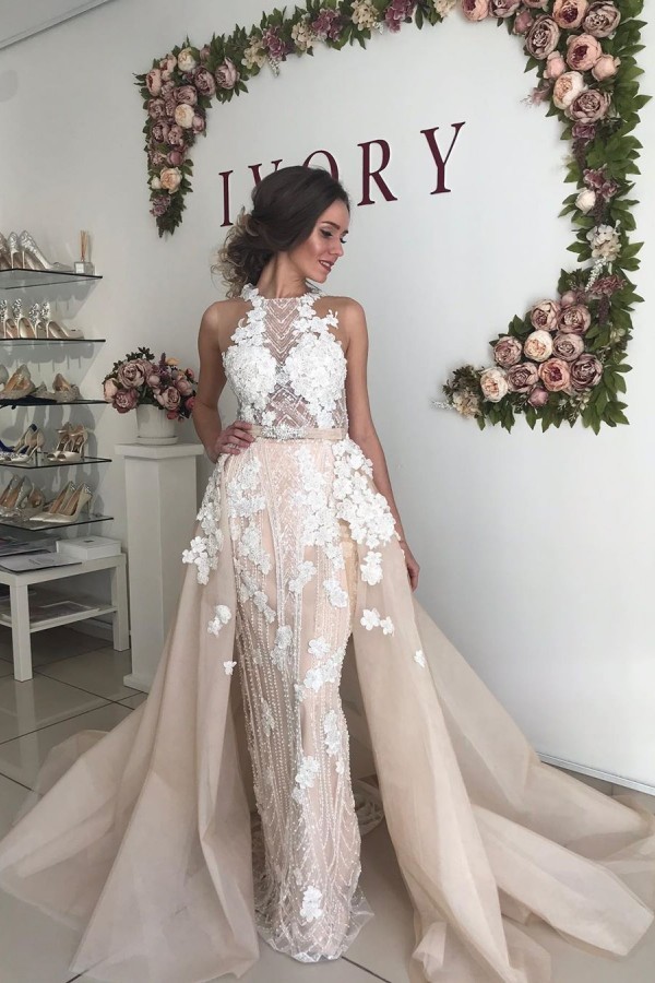 Sexy Long High Neck Open Back Tulle Lace Mermaid Wedding Dresses with Detachable Train - YESBABYONLINE