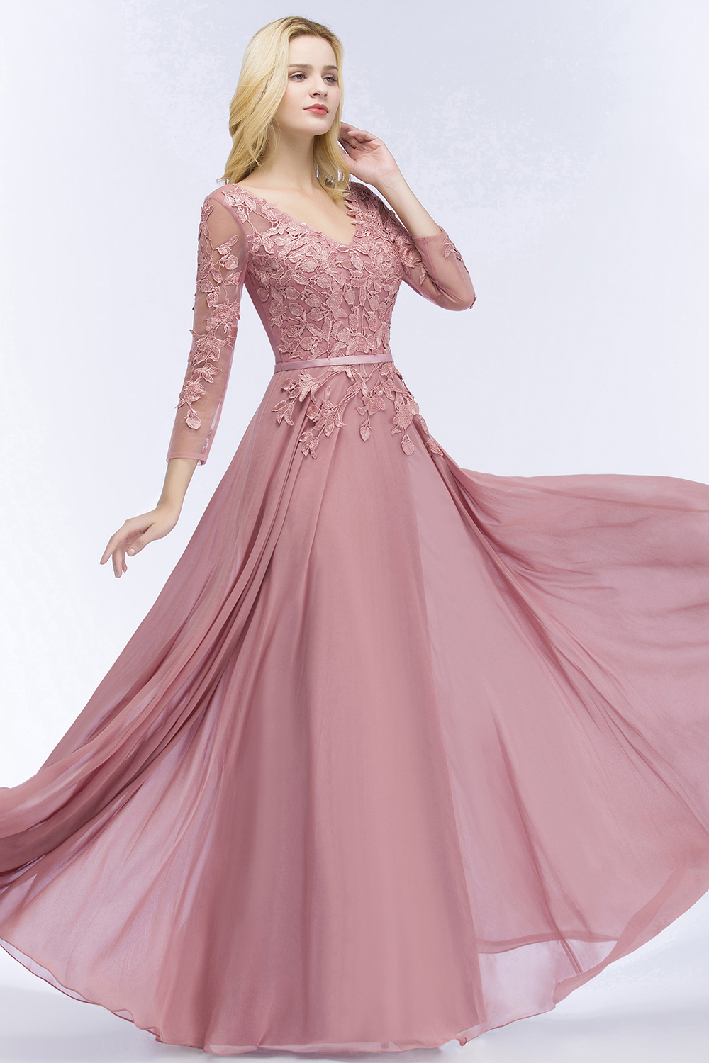 Long A-line V-Neck Chiffon Lace Floor-Length Bridesmaid Dresses with Sleeves - YESBABYONLINE