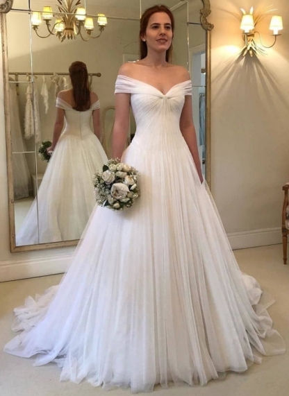 Simple Long A-Line Off-The-Shoulder Tulle Wedding Dresses - YESBABYONLINE