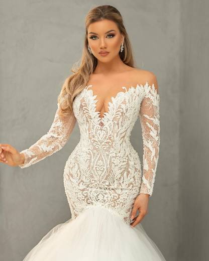 Sexy Sweetheart Long Sleeves Tulle Mermaid Wedding Dresses With Lace Appliques - YESBABYONLINE